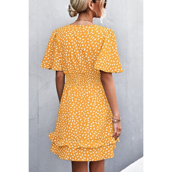 Beach Boho Maui - Printed Smocked Waist Layered Surplice Dress - Mustard - Picture 2 of 6